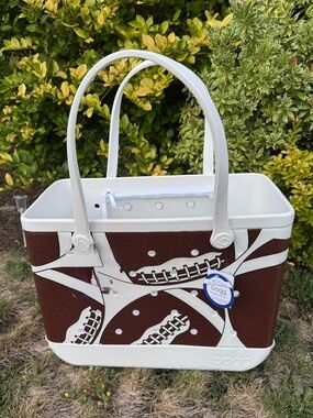 Bogg Bag Original Large Football Print Tote Bag White Brown NWT